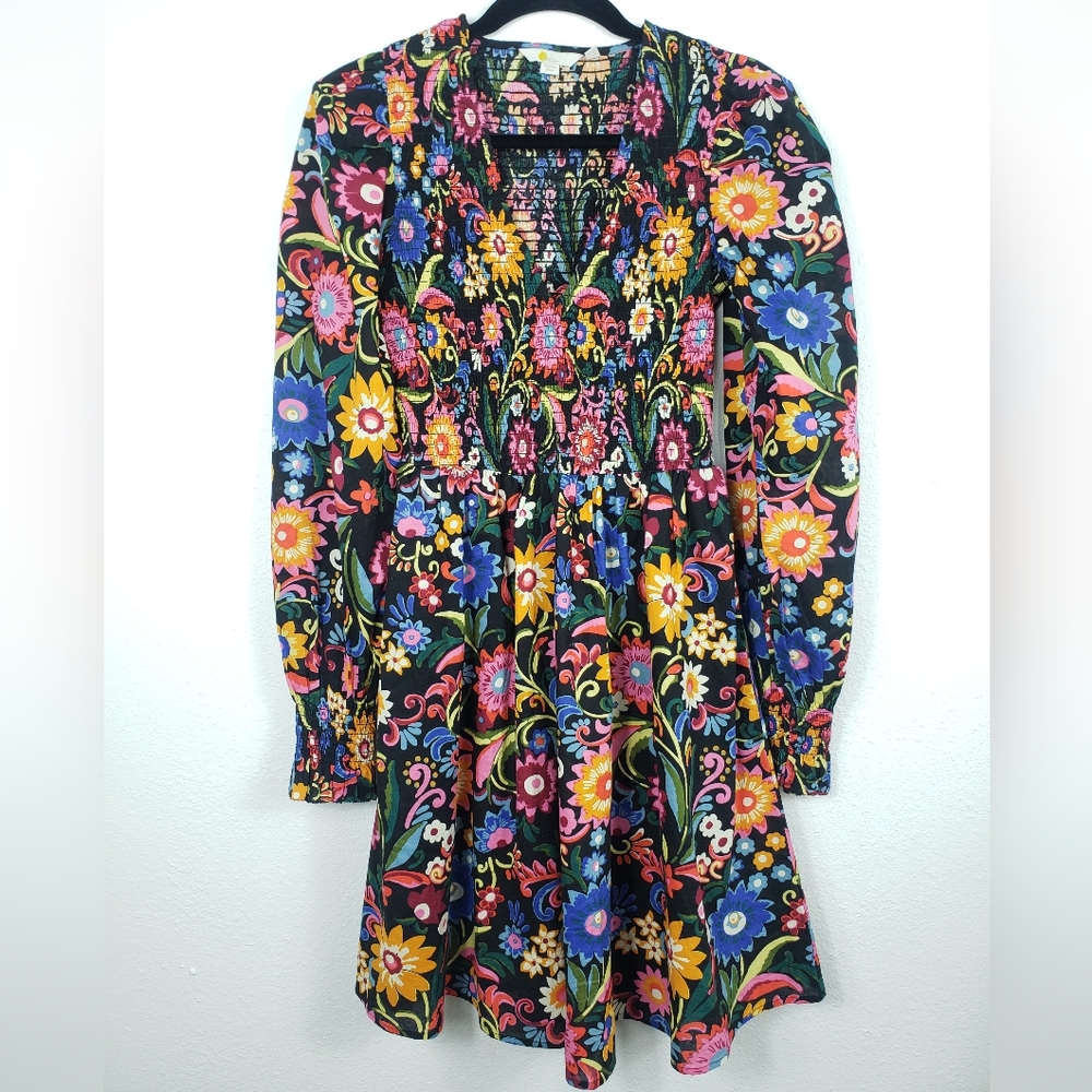 Boden Smocked Bodice Ruched Sleeves Mini Dress Black, Gardenia Pop 2 Regular